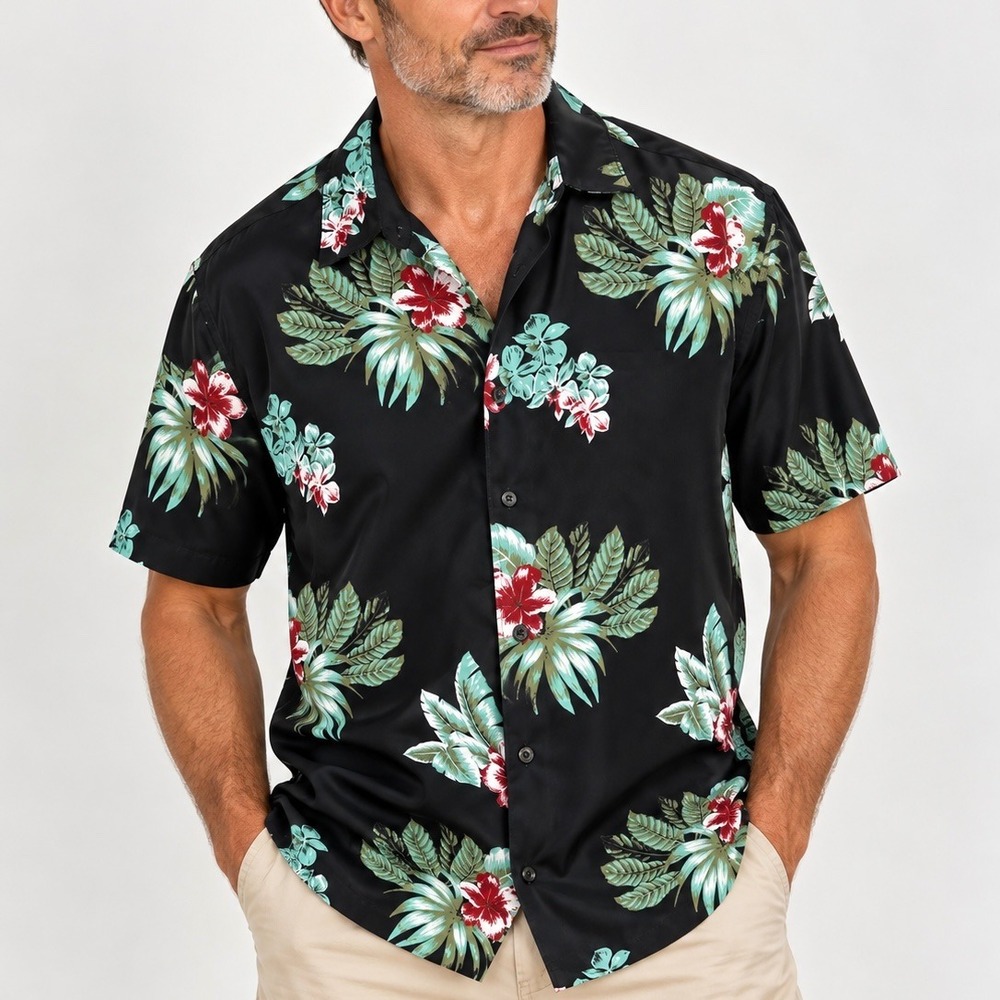 Cafe Luna Mens XL Tropical Floral Hibiscus Short Sleeve Button Down Shirt Black